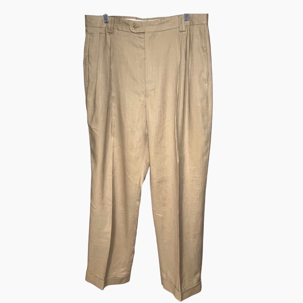 Club Cabana Mens 36x30 Tan 100% Linen Pleated Cuffed Dress Pants Trousers Lining